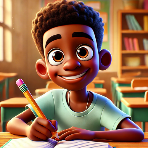 A boy writing smiling at the camera